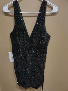 Sequin V-Neck Black Mini Dress